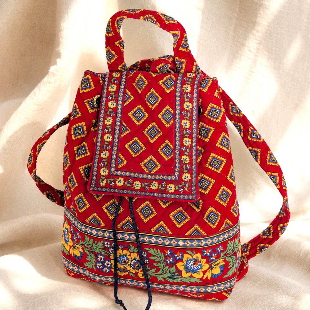 Vera Bradley Mimi Backpack Villa Red Retired 2004 Quilted Drawstring Bag